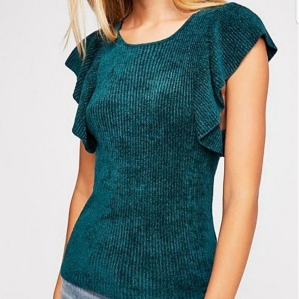 Free People FP One S Nikita Ruffle Sleeve Top Teal Green Soft Ribbed